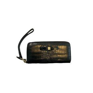 Elegant Black Crocodile-Embossed Leather Wristlet Wallet NWOT